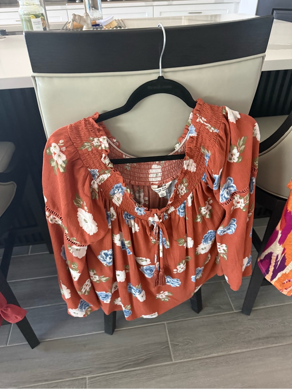 krazy kat Rust Floral Peasant Blouse with Blue & White Blooms